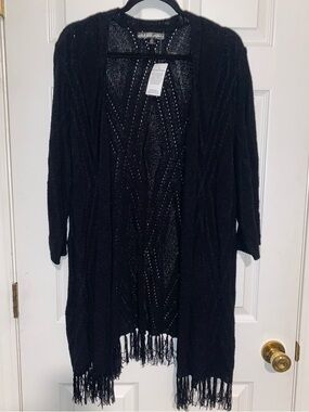 united states sweaters Black Open-Front Fringe Knit Cardigan